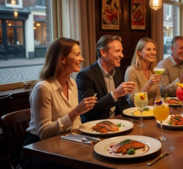 Gedekte tafel met diner, cocktails en speciaalbier in een sfeervolle setting