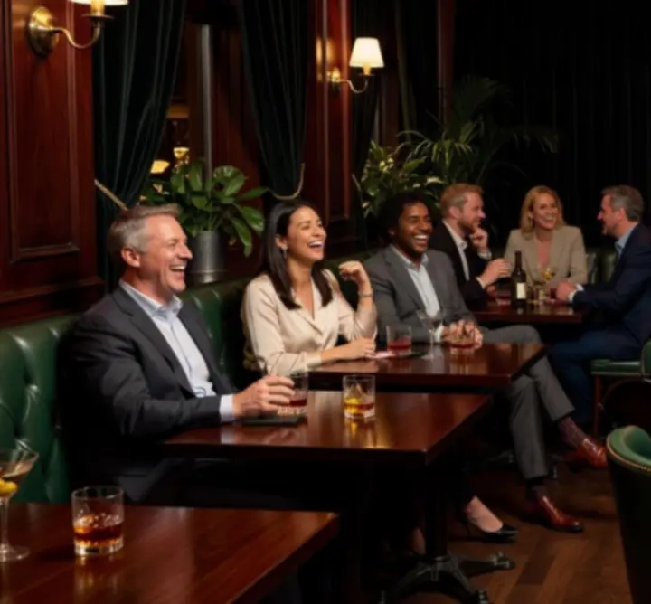 Sfeervolle game night met gasten rond tafels, drankjes en spellen
