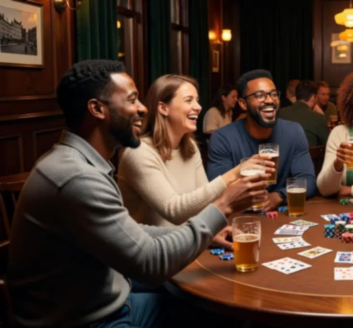 Groepsfoto van gasten tijdens een gezellige pokeravond