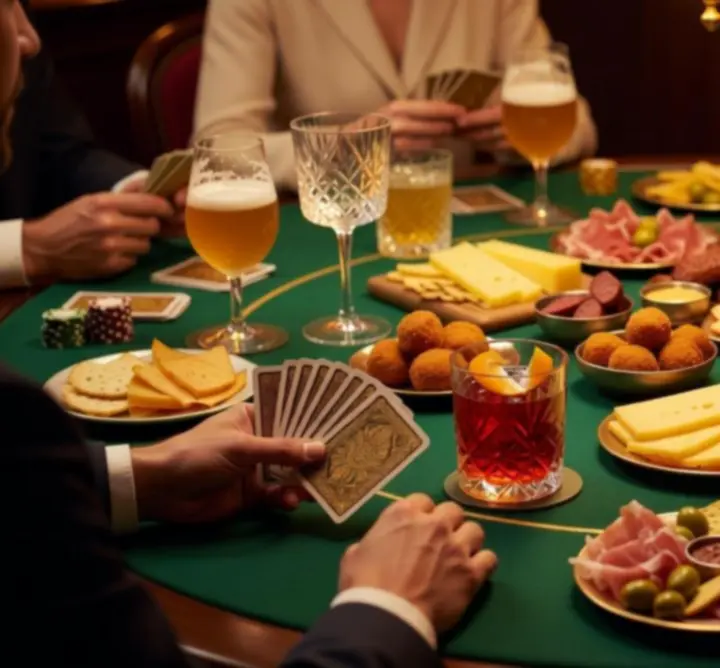 Hapjes en drankjes geserveerd aan een pokertafel in warme sfeer.