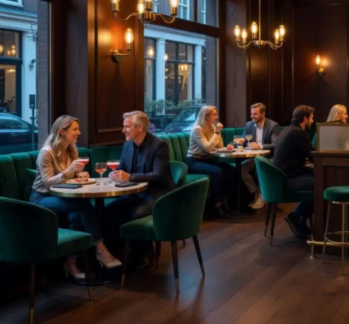 Sfeervol café met bar, pokerkaarten en gasten aan tafel