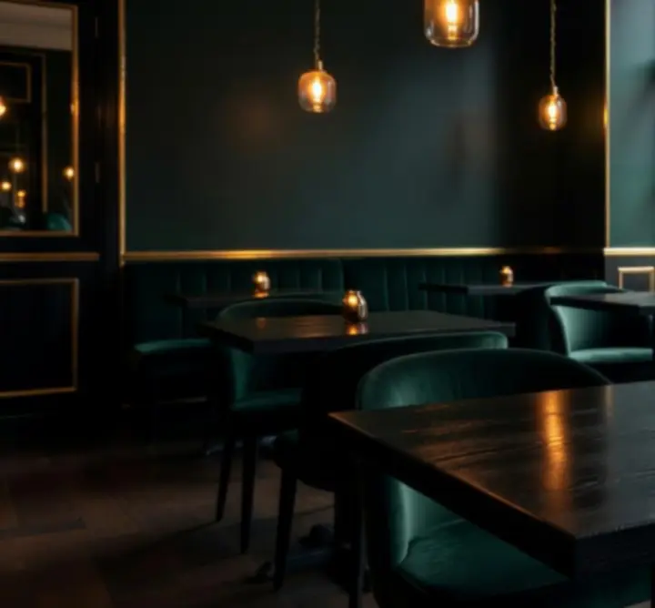 Sfeervol interieur met donker hout, zachte verlichting en comfortabele zitplaatsen