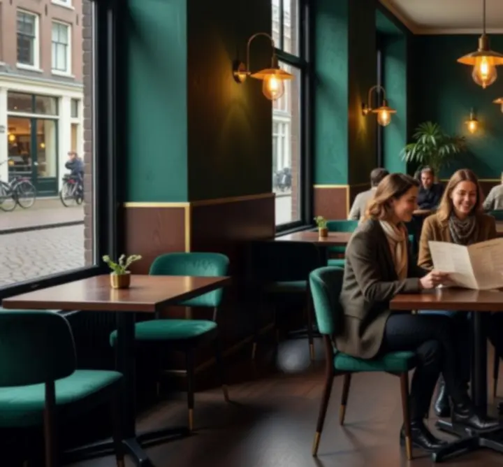 Sfeervol interieur van FelineStoreNL met bar, tafels en warme verlichting