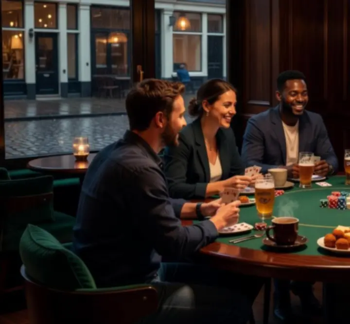 Pokeravond met gasten rond een tafel met kaarten en fiches