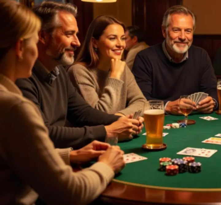Gezellige pokeravond met kaarten, chips en drankjes in warm licht
