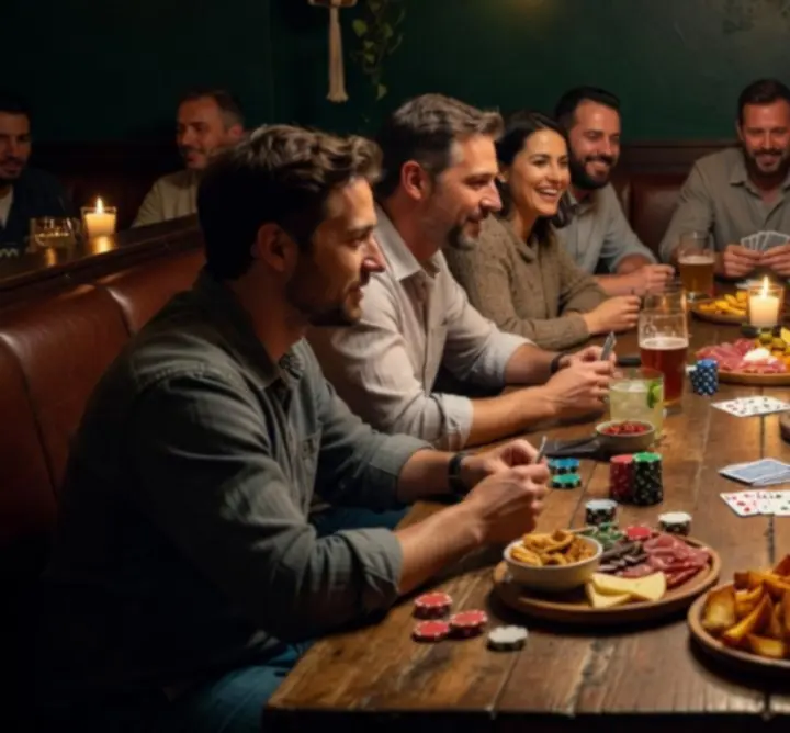 Snacks en hapjes op tafel naast pokerkaarten en drankjes