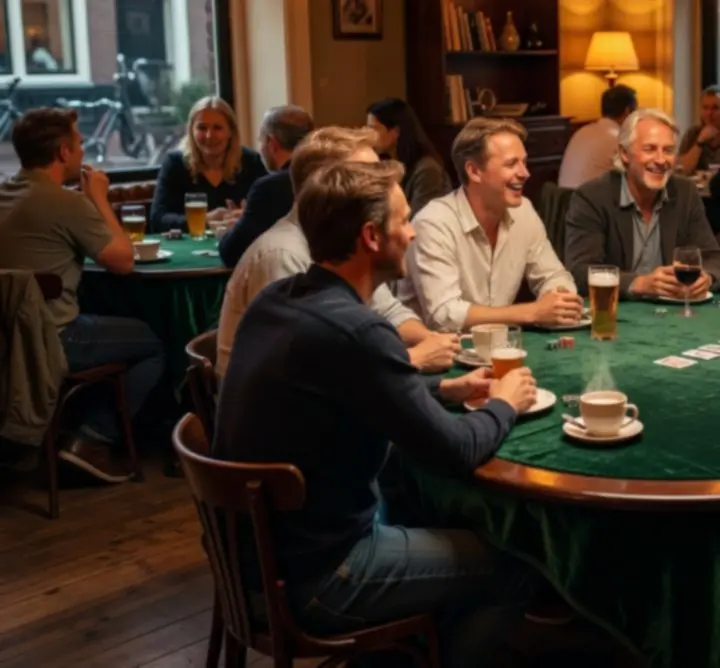 Sfeervolle pokeravond met gasten rond de pokertafel in warme verlichting
