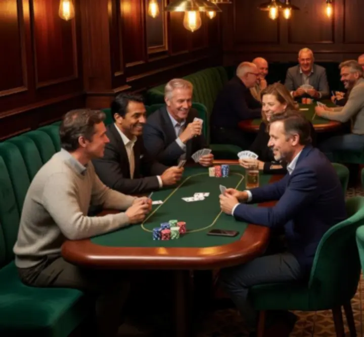 Sfeervolle pokeravond in een stijlvol café-interieur met warme verlichting.
