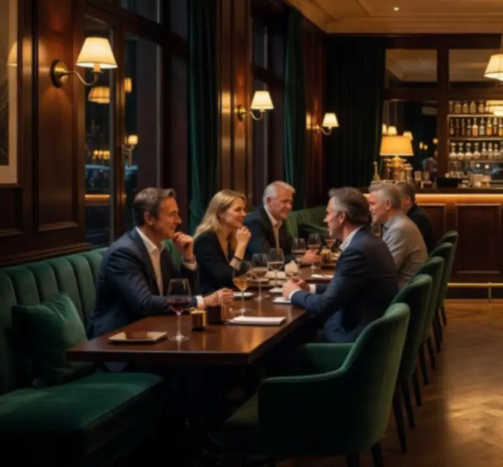 Sfeervol interieur met gasten die samen eten en poker spelen